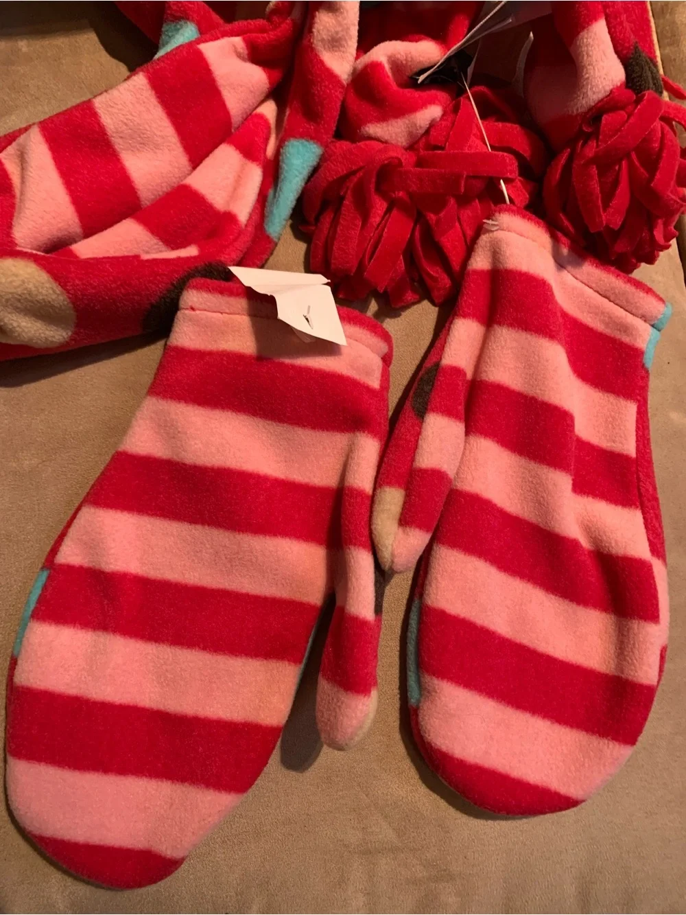 GAP Girls Pink & Hot Pink Striped Fleece Scarf with Mittens and Blue Dot Accents